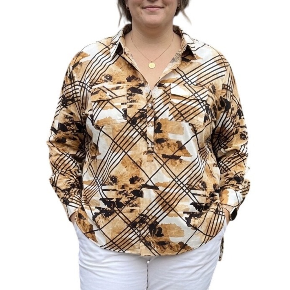 Womens Abstract Floral Geometric Print Button Front Tunic Top Tan Black White